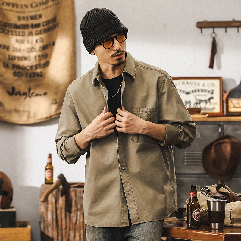 美式復古卡其色工裝襯衫男秋季長袖潮牌寬鬆男士水洗休閒夾克外套