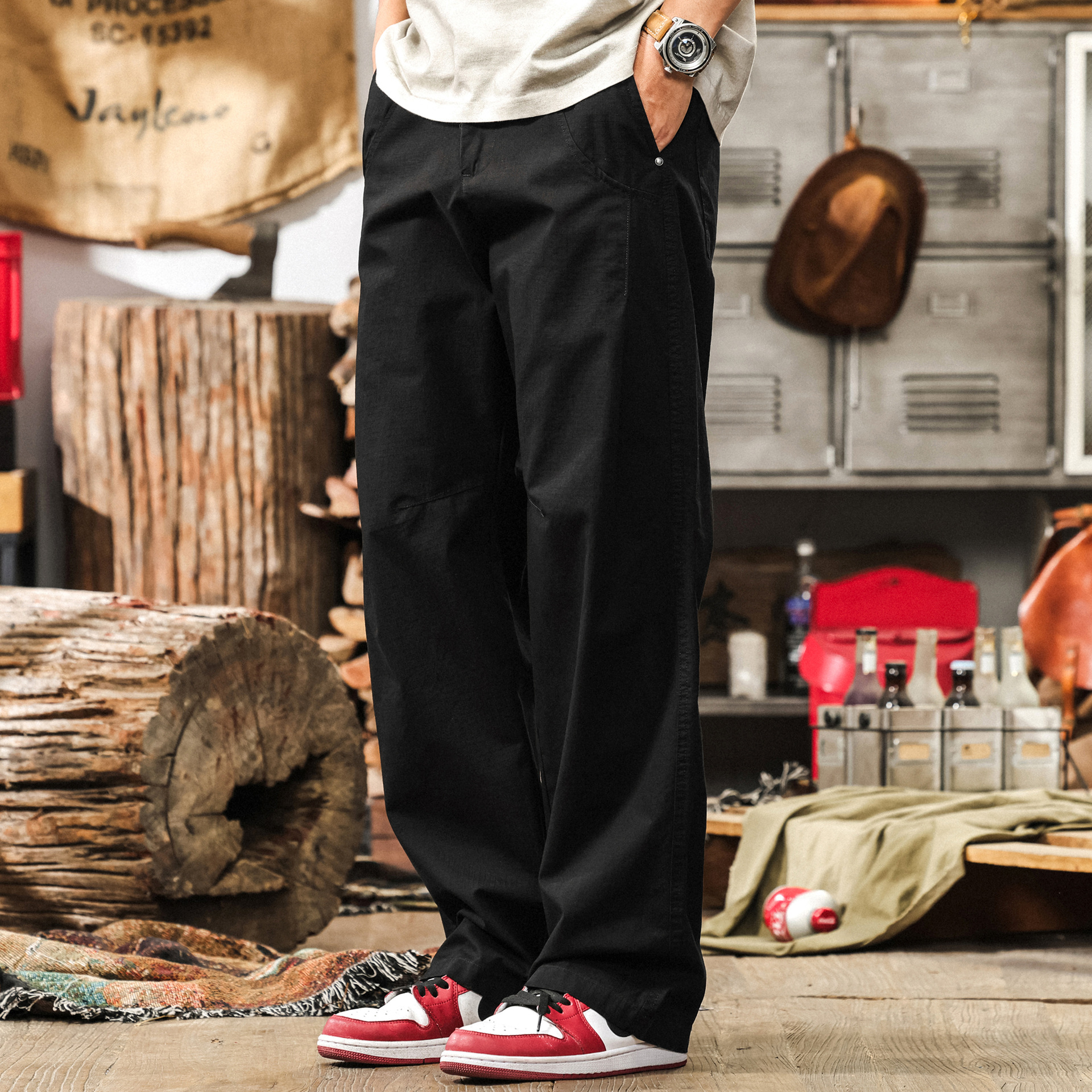 美式復古寬鬆闊腿休閒褲男士夏季直筒長褲子拼接潮牌設計感工裝褲