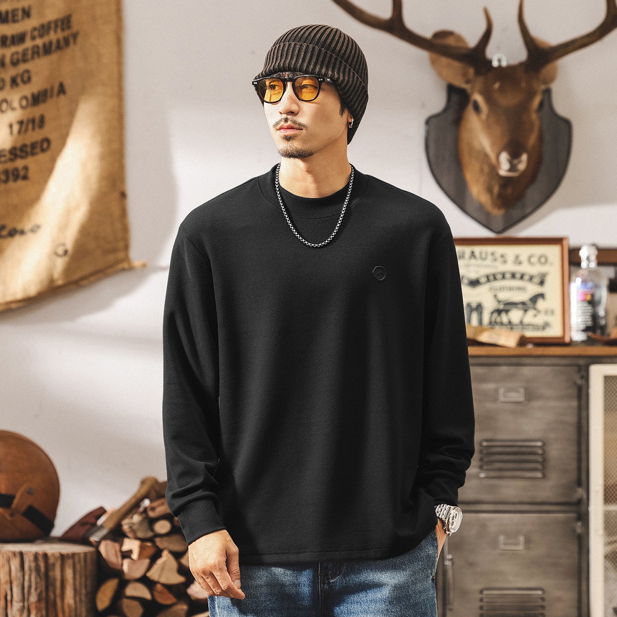 美式復古280g重磅t恤男長袖秋季新款寬鬆潮牌親膚保暖絨感打底衫