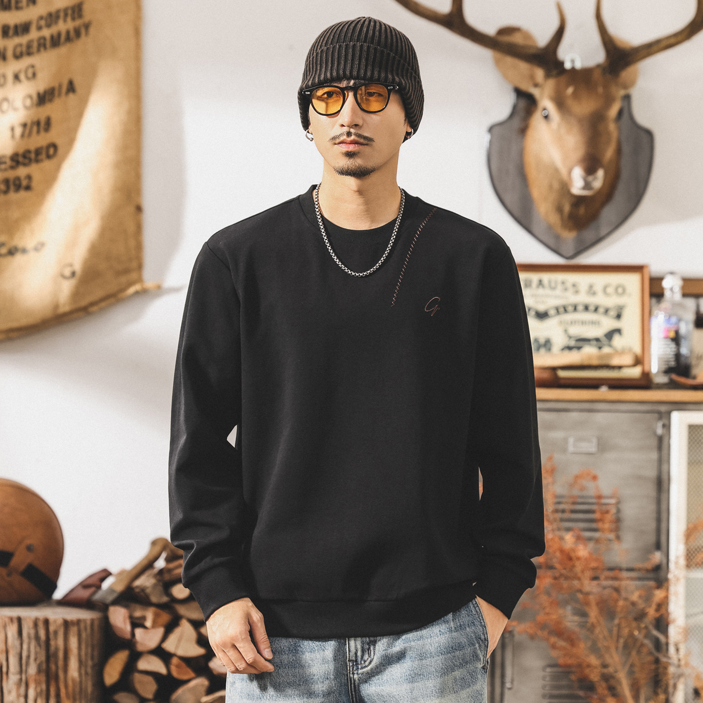 美式復古重磅衛衣男春秋2025新款潮牌寬鬆簡約大碼黑色男士上衣潮