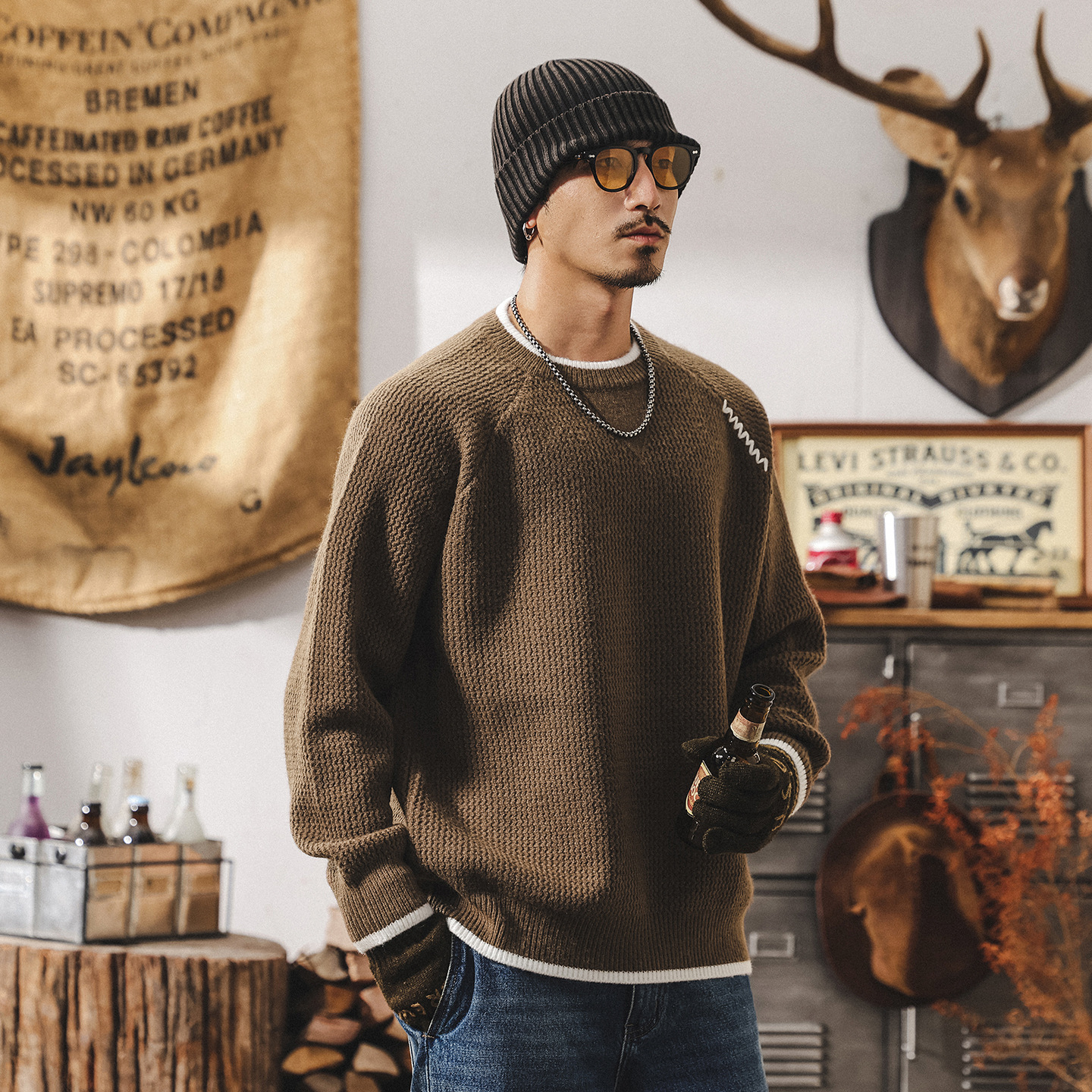 美式復古重磅假兩件毛衣男加厚冬季保暖毛線衣圓領寬鬆男士針織衫