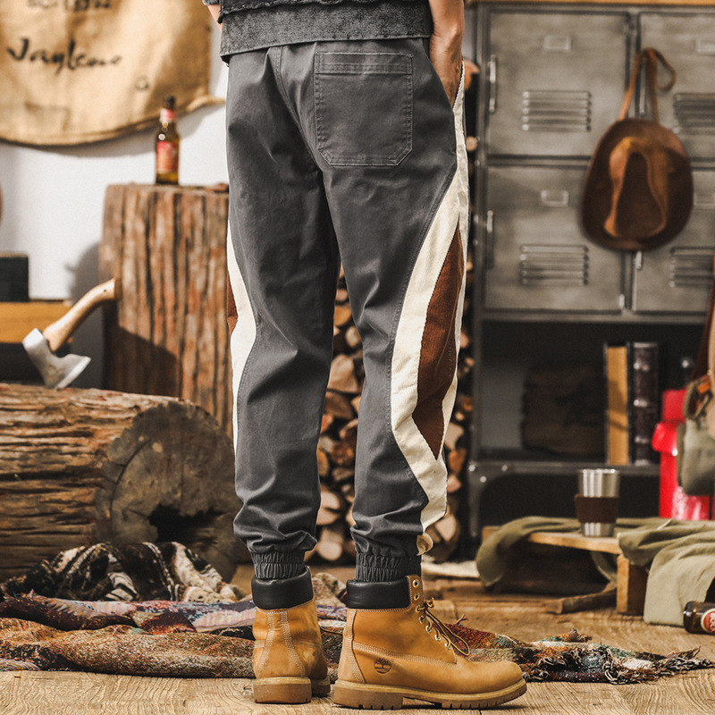 美式復古工裝褲子男秋季新款潮牌撞色潮流設計拼接寬鬆束腳休閒褲