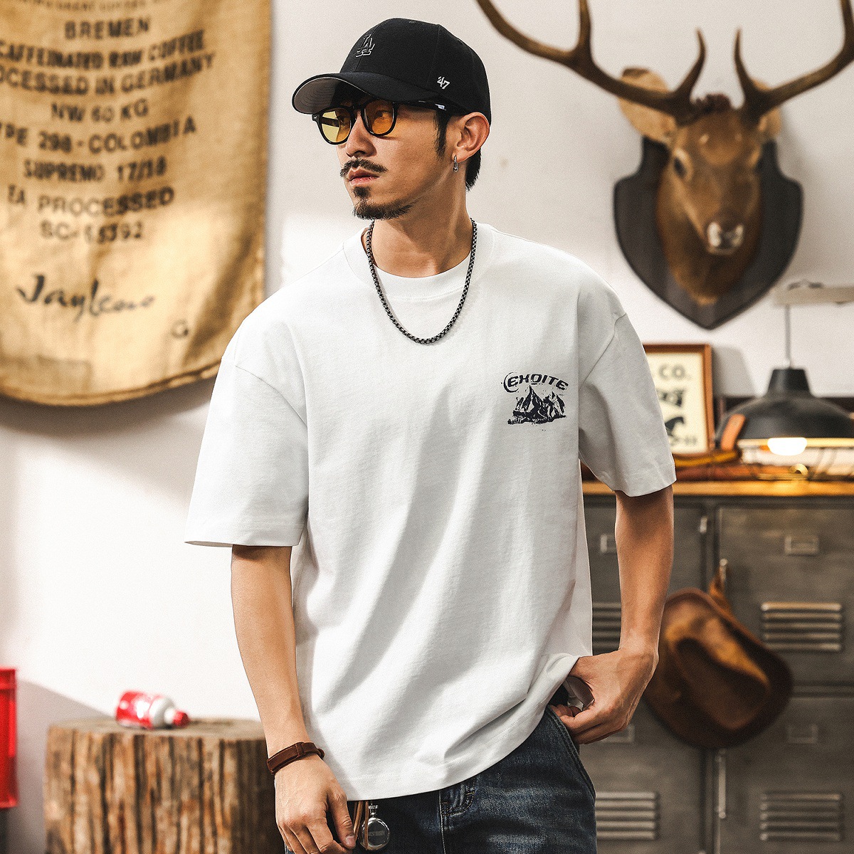 零縮力涼感T恤男短袖夏季美式復古山系印花休閒大碼美式重磅上衣