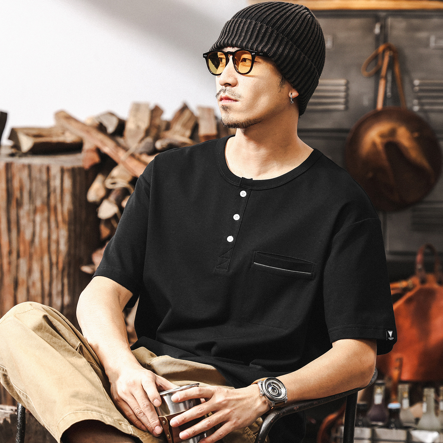 美式復古亨利領短袖T恤男夏季2025新款潮流寬松硬漢輕熟休閒上衣