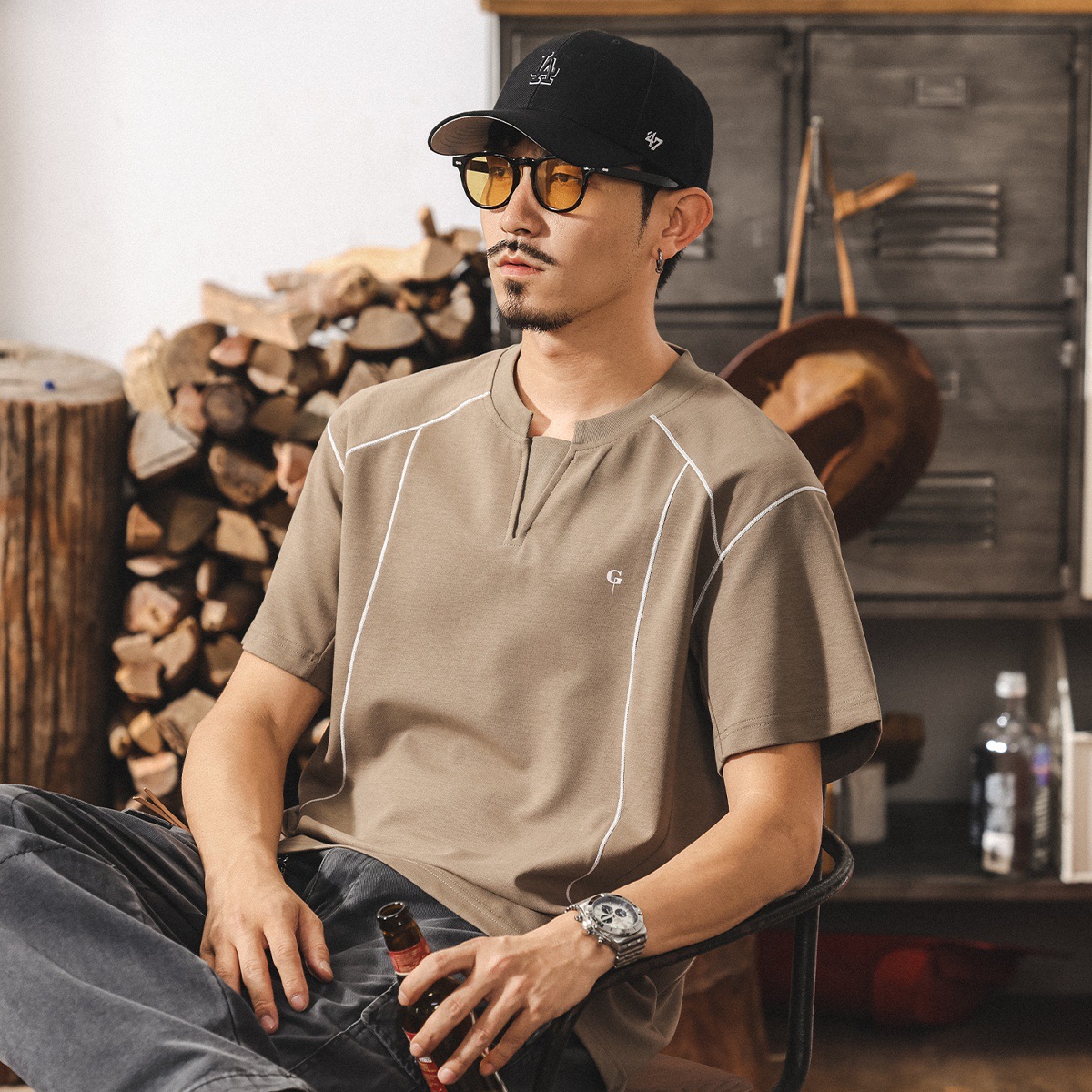 假兩件V領短袖t恤男夏季新款潮牌設計感拼接半袖體恤男士寬鬆上衣