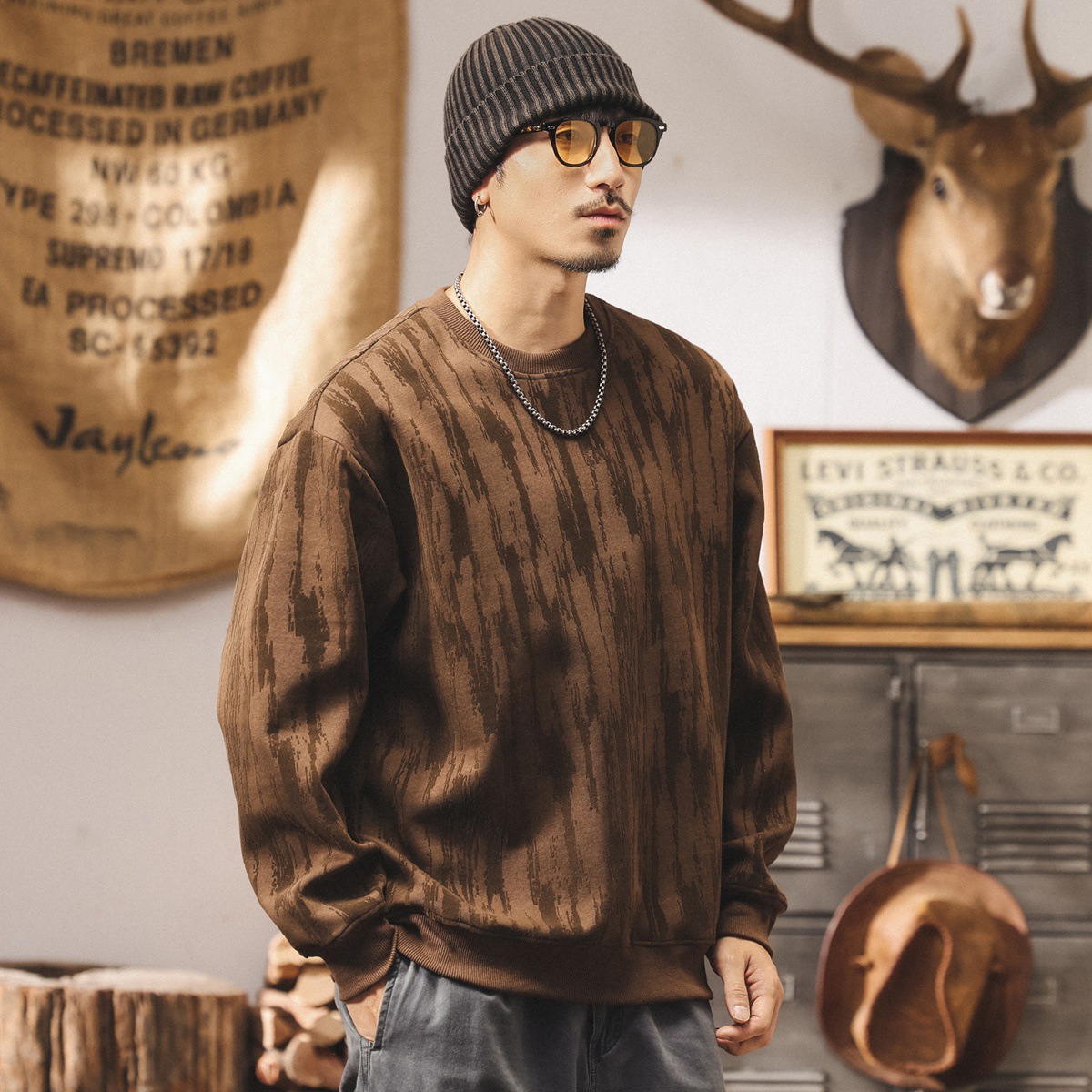 美式復古重磅衛衣男春秋2025新款樹皮皺紋理寬鬆大碼男士秋季上衣