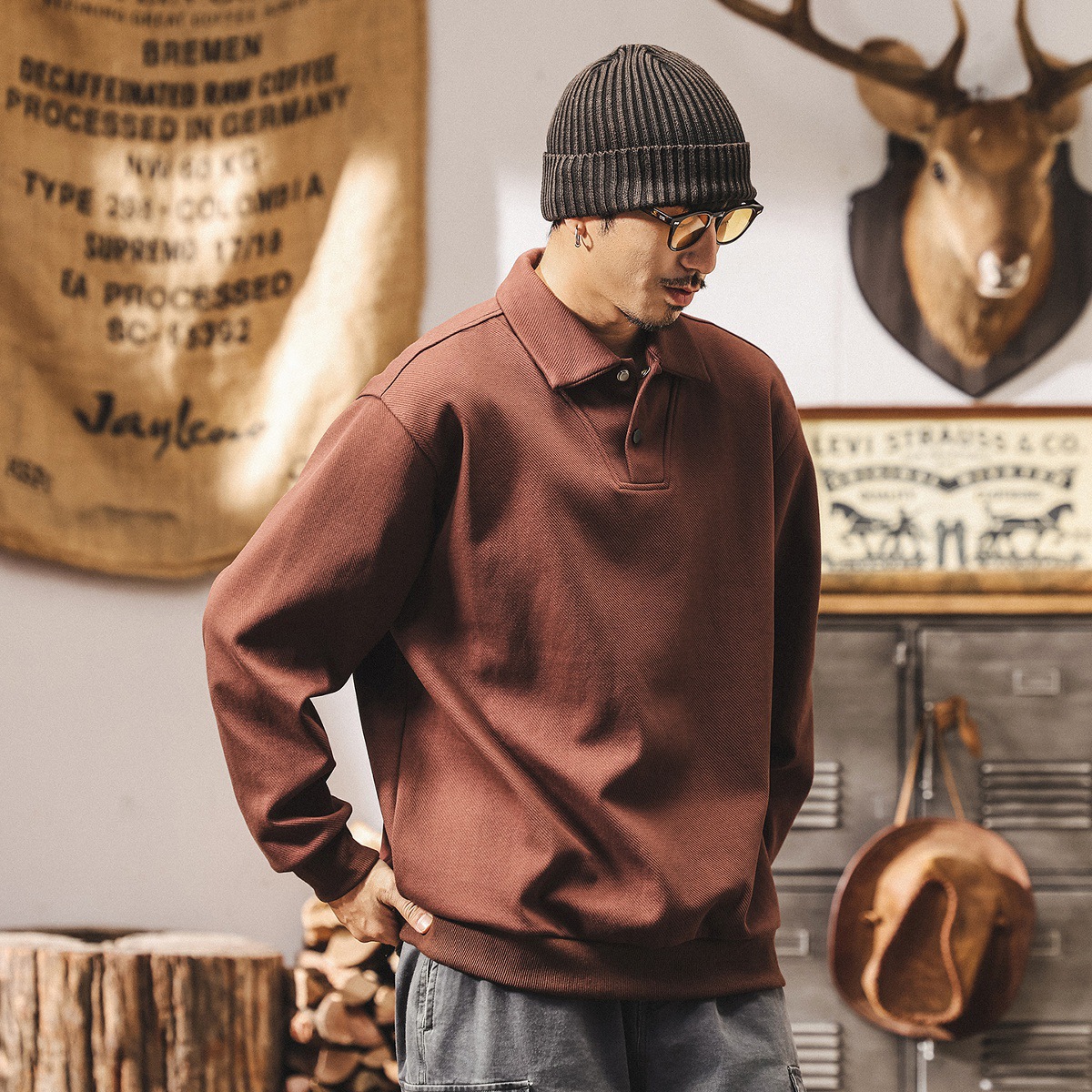 美式復古重磅Polo領衛衣男春秋2025新款簡約輕熟寬鬆休閒翻領上衣