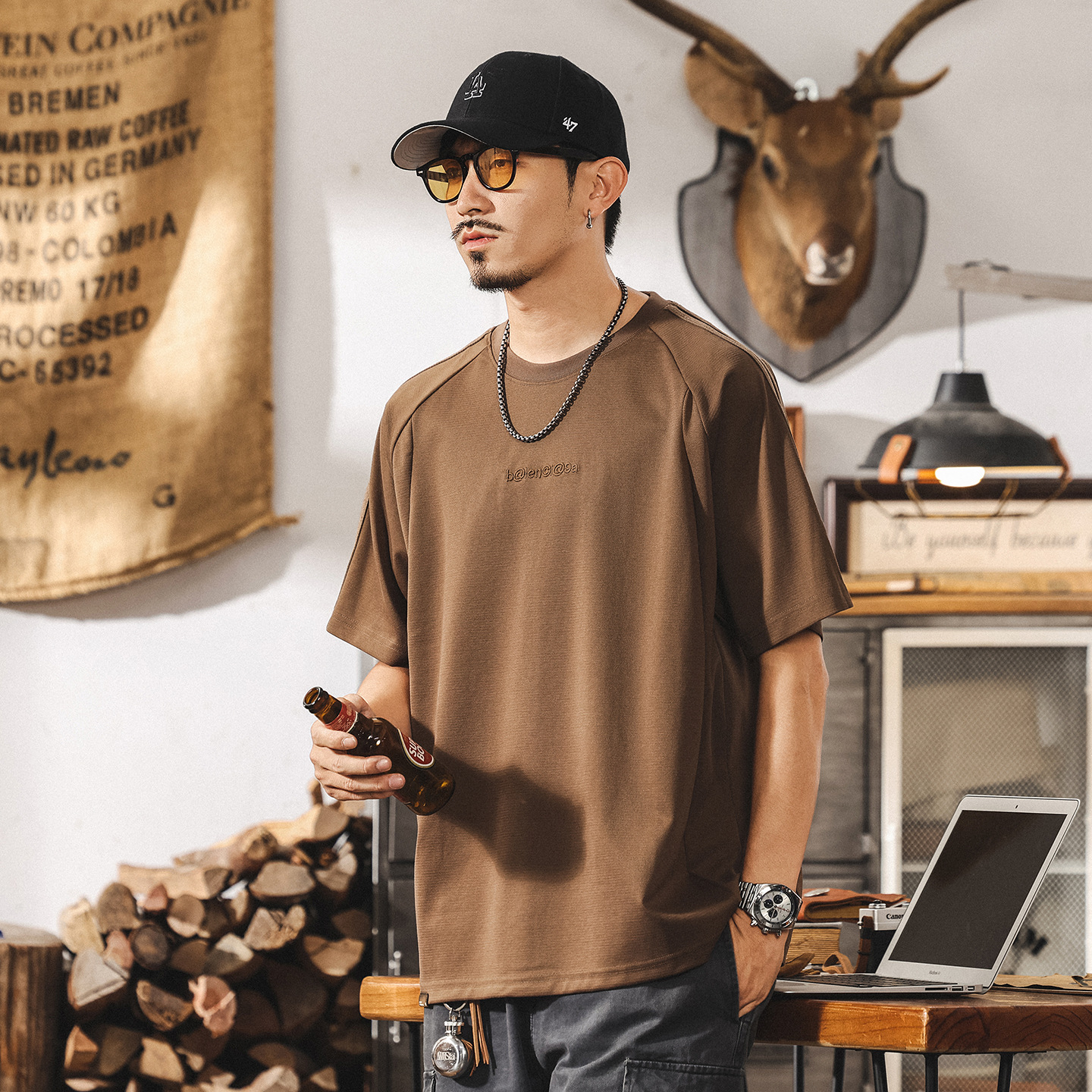 美式復古薄款T恤男士短袖夏季新款潮牌男裝寬鬆休閒半袖刺繡上衣T