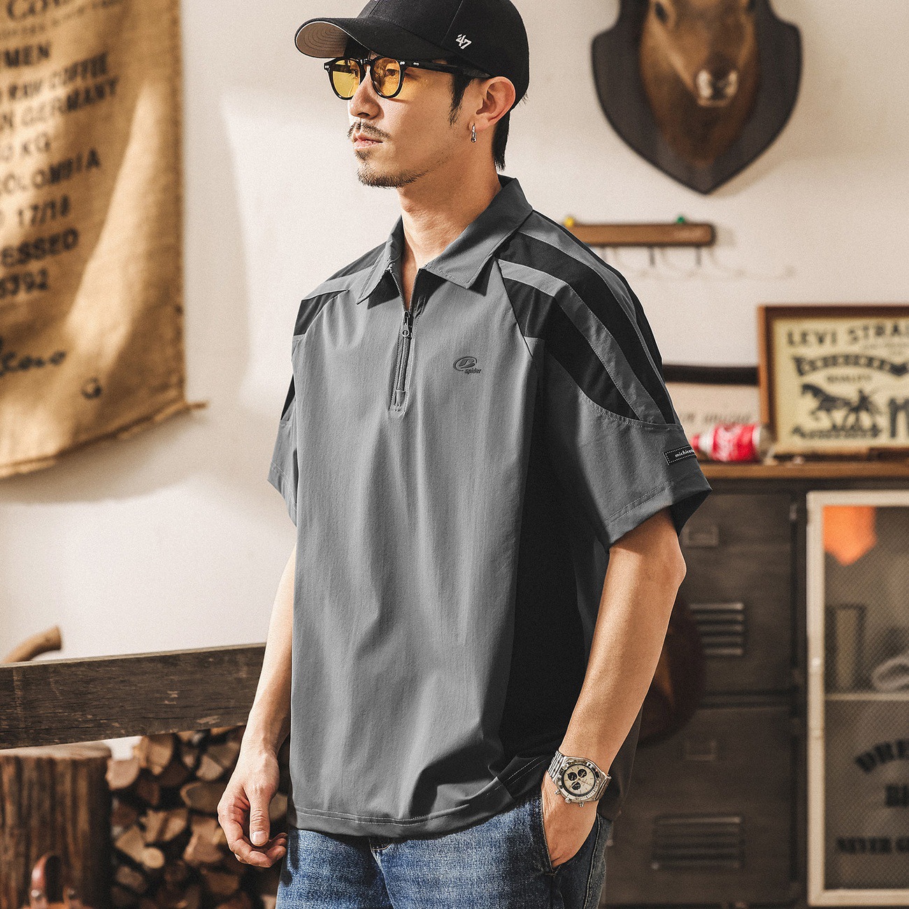 美式復古半拉鍊短袖Polo衫男夏季2026新款潮牌戶外通勤寬鬆T恤男