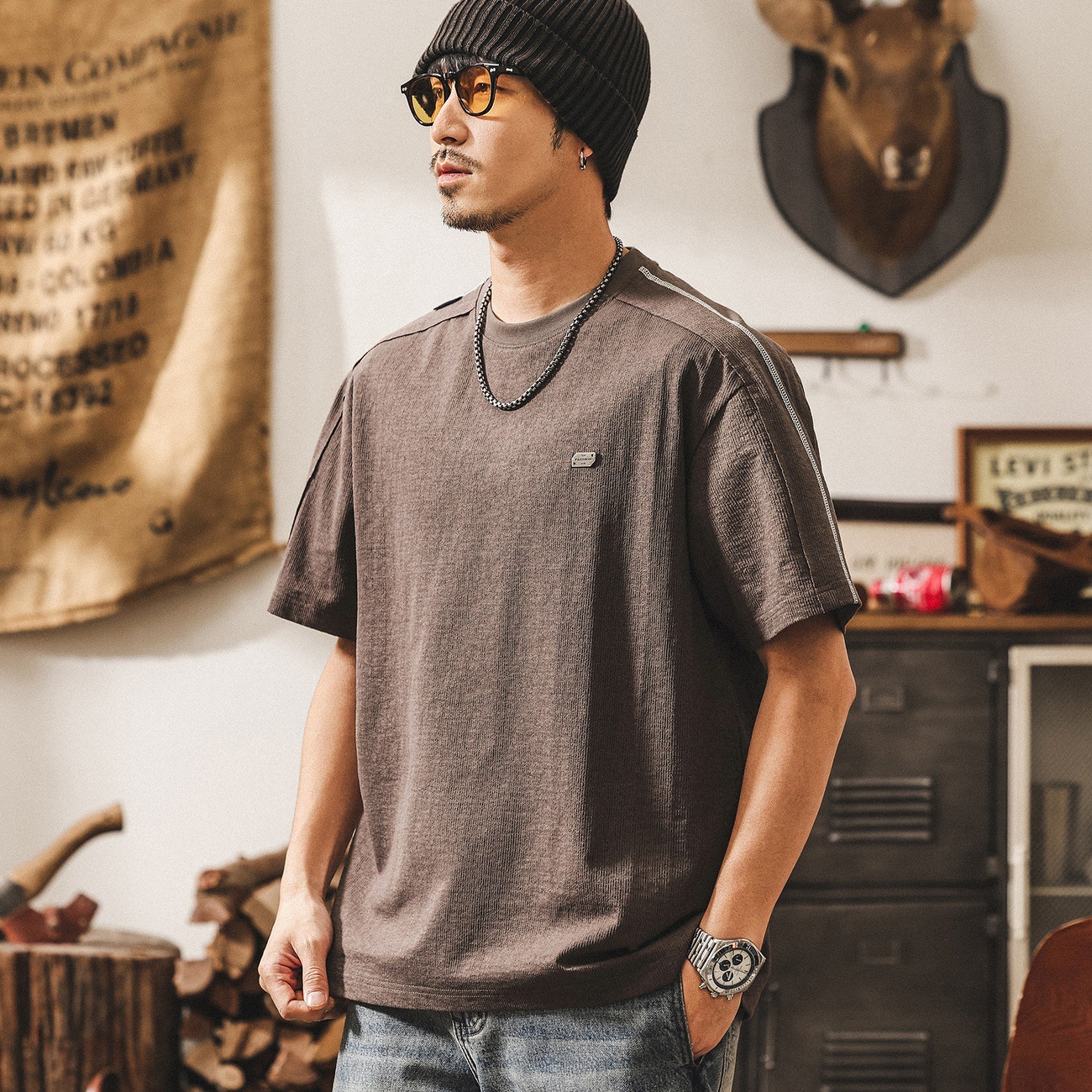 美式復古男士短袖T恤夏季2026新款拼接肌理潮流寬鬆休閒半袖體恤