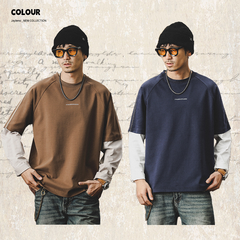 280g重磅T恤男長袖2024年新款假兩件拼接潮牌男士上衣寬鬆衣服男
