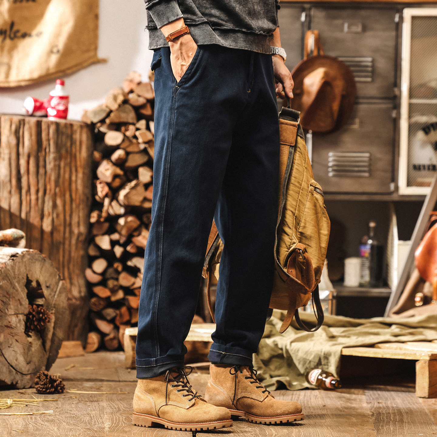 美式復古簡約工裝褲子男2025新款寬鬆大碼男褲藏青色休閒秋季長褲