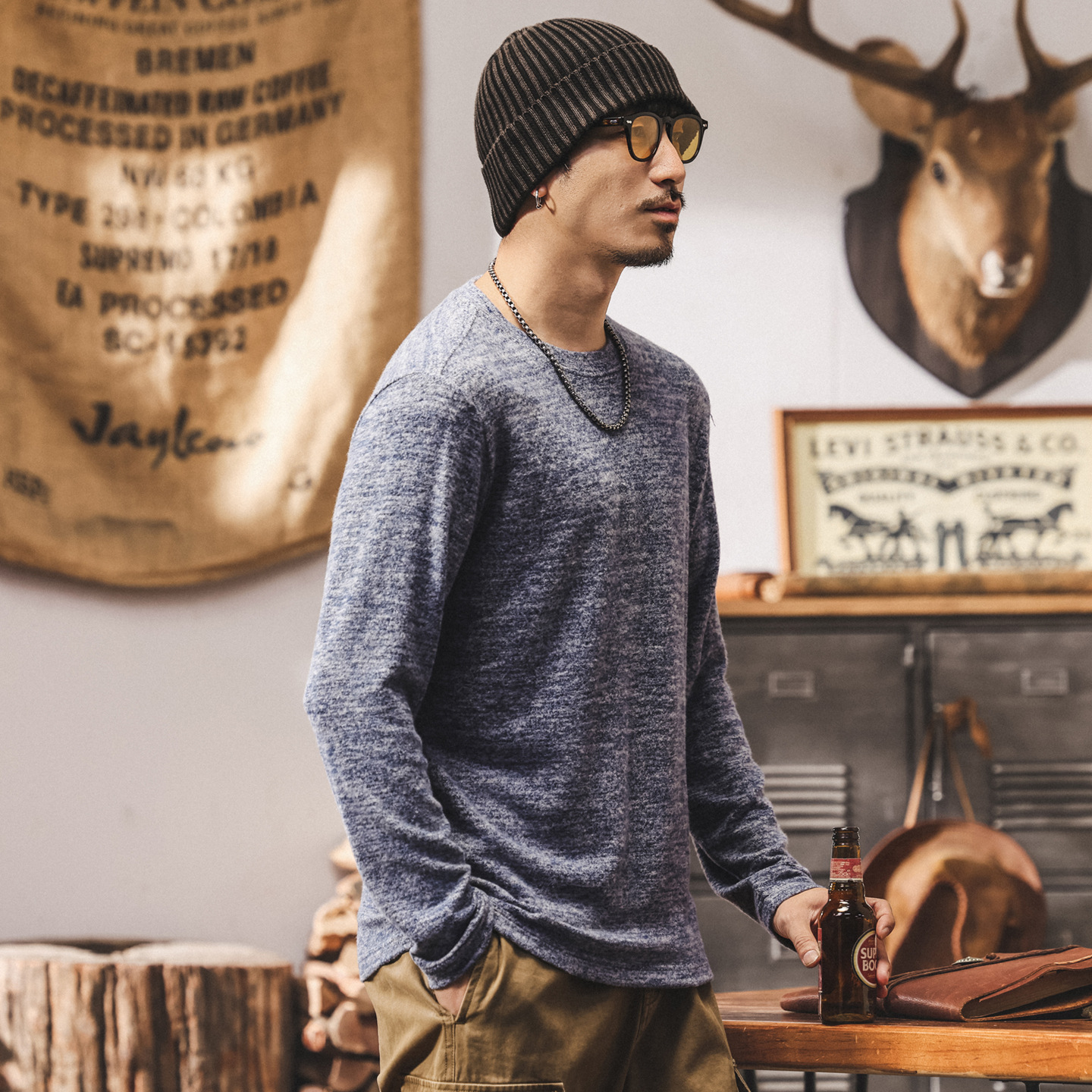 美式復古潮牌長袖t恤男秋季2025新款寬鬆內搭絨感打底衫男士上衣