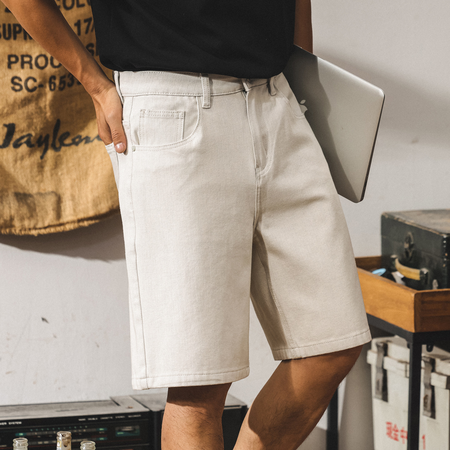 美式高級感白色牛仔短褲男夏季新款潮牌男士五分褲寬鬆休閒中褲潮