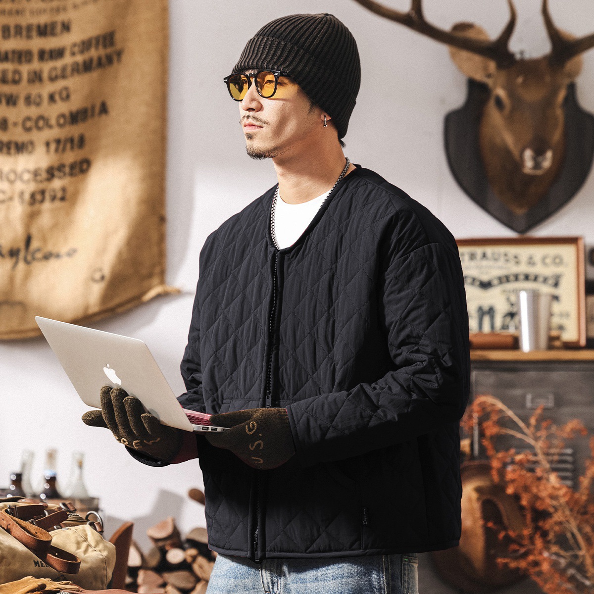 美式復古紅色菱形格內膽夾克棉衣男冬季輕薄款保暖休閒棉服外套男