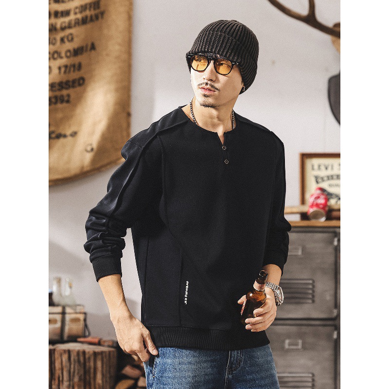 美式復古重磅亨利領衛衣男春秋款潮牌寬鬆男士polo衫長袖寬鬆上衣