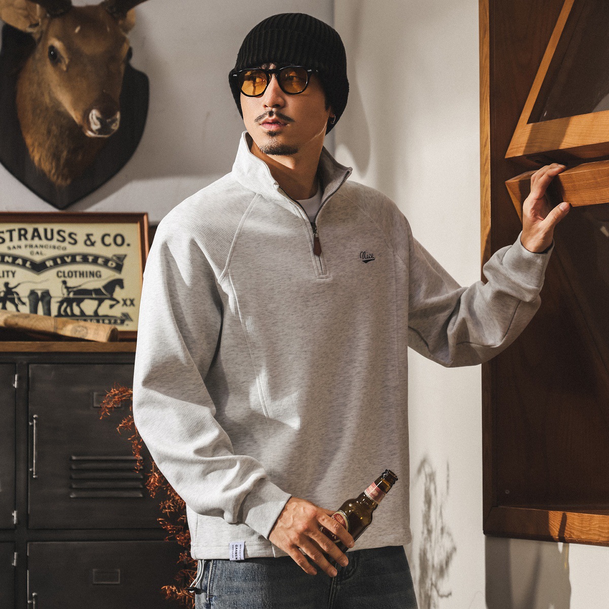 美式復古潮流半拉鏈立領衛衣男春秋2025新款寬鬆刺繡秋季男士上衣