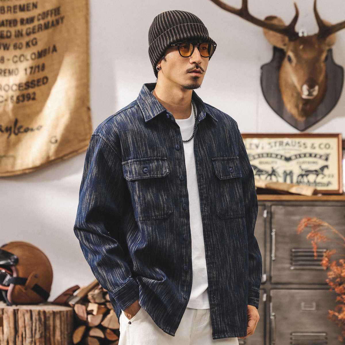 美式重磅復古牛仔襯衫外套男秋季寬鬆潮流提花條紋襯衣工裝夾克男