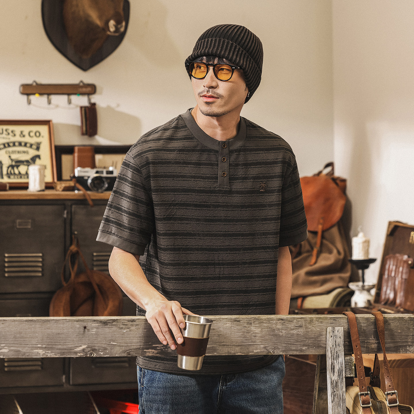 美式復古半開襟亨利領Polo衫男短袖夏季新款老錢風寬鬆條紋T恤男