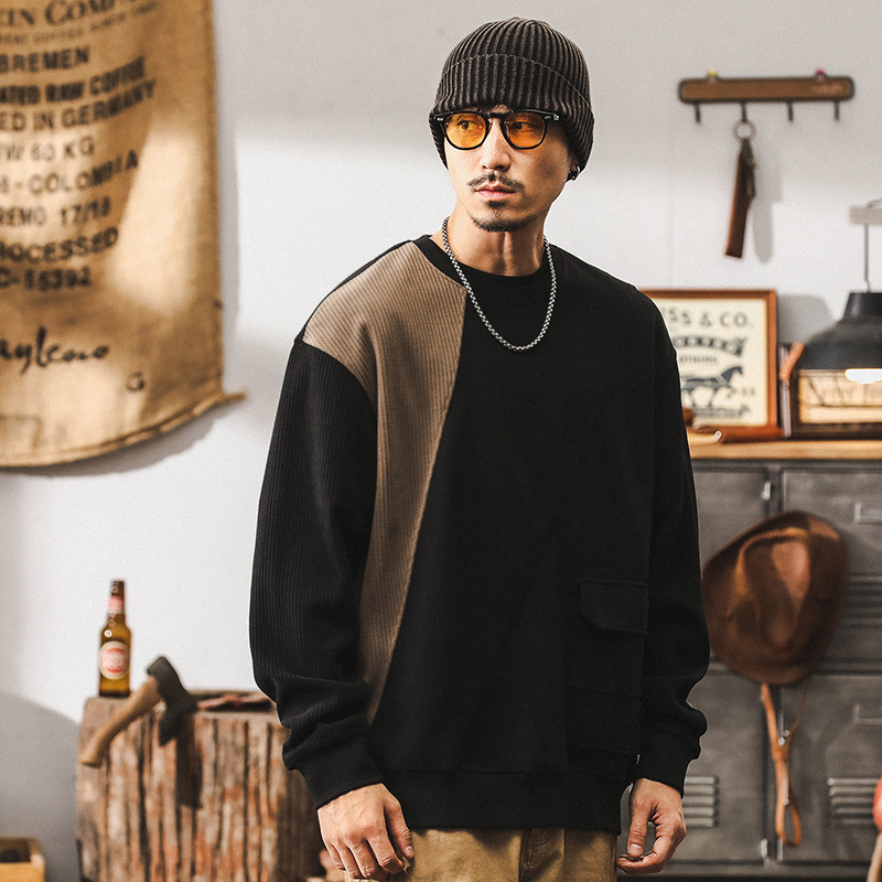 美式潮牌380g重磅雪尼爾衛衣男秋冬款寬鬆大碼拼接撞色潮流上衣男