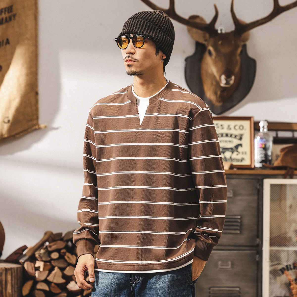 美式復古重磅條紋假兩件衛衣男秋季2025新款潮牌寬鬆休閒長袖上衣