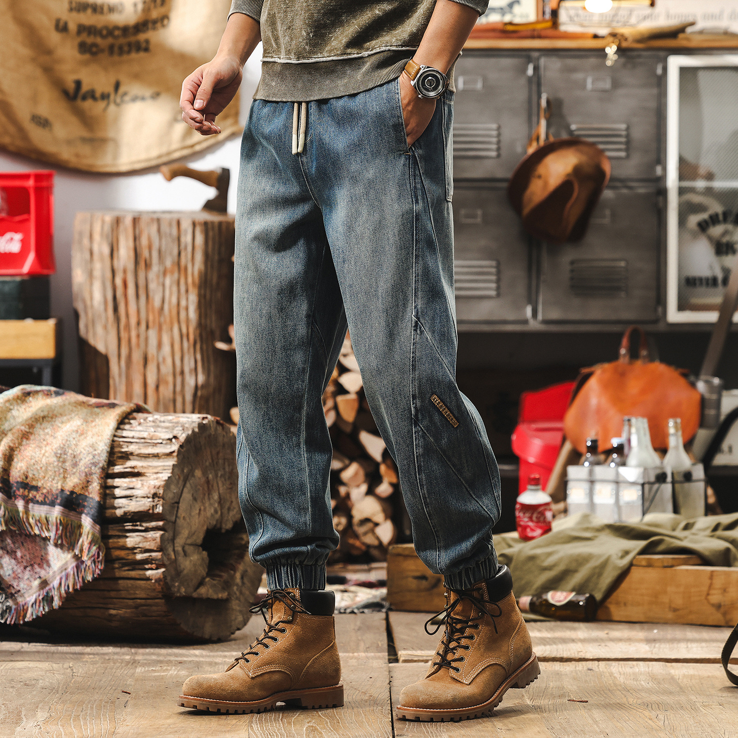 萊賽爾薄款褲子男夏季美式復古2025新款寬鬆直筒束腳休閒牛仔褲男