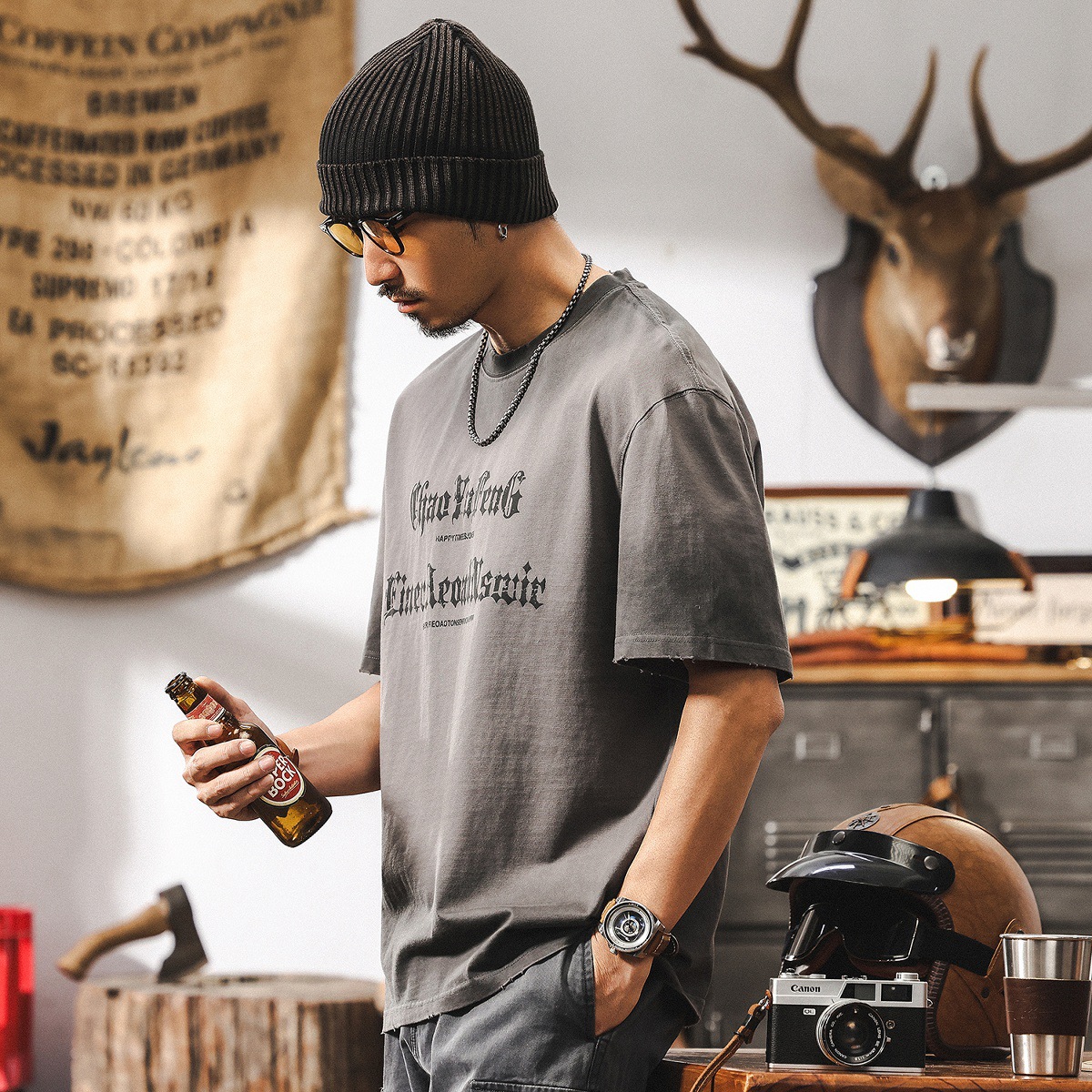 潮牌設計感短袖美式高街印花T恤男2025新款夏季男士寬鬆體恤上衣