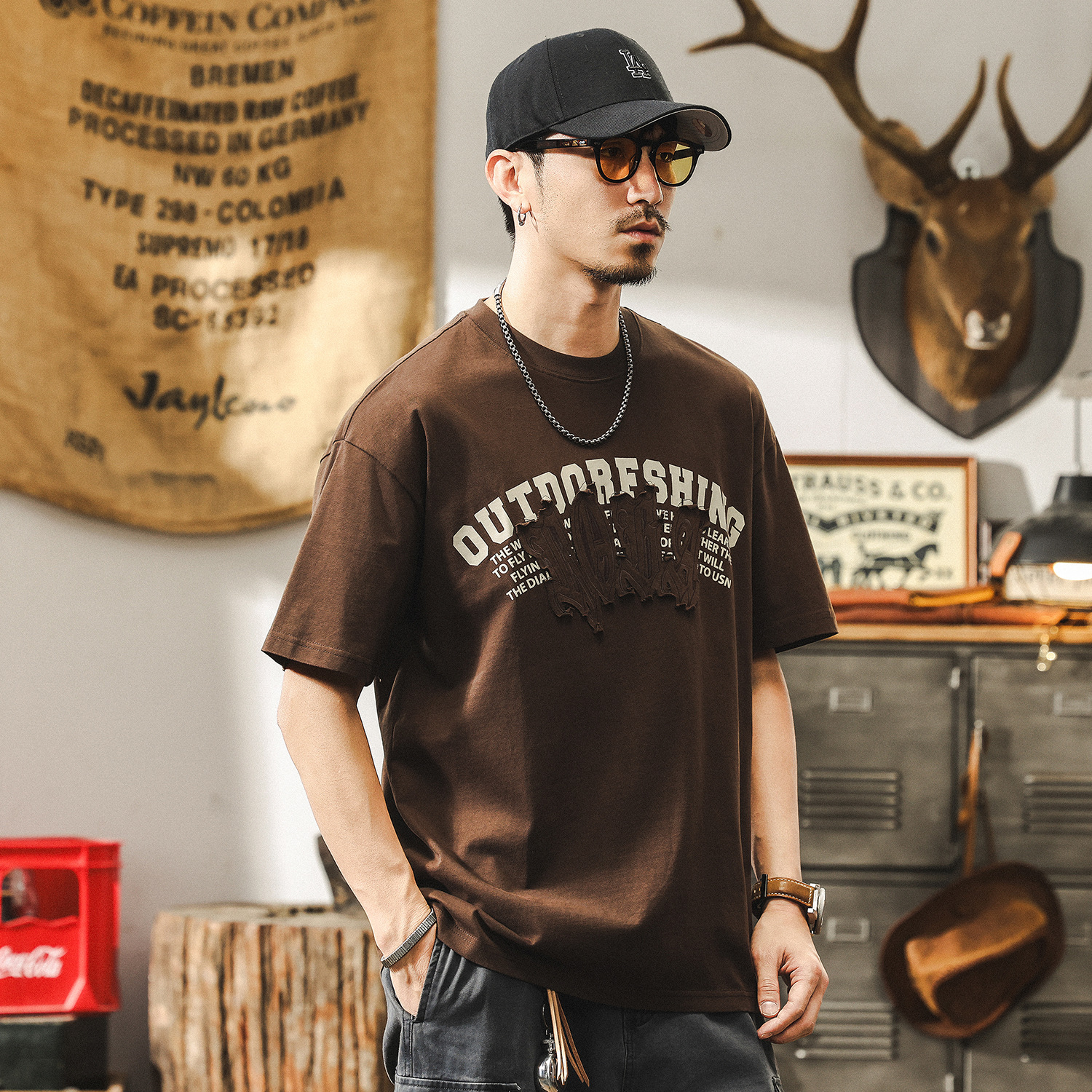 美式復古T恤夏季刺繡短袖男款2025新款寬鬆潮牌貼布印花上衣