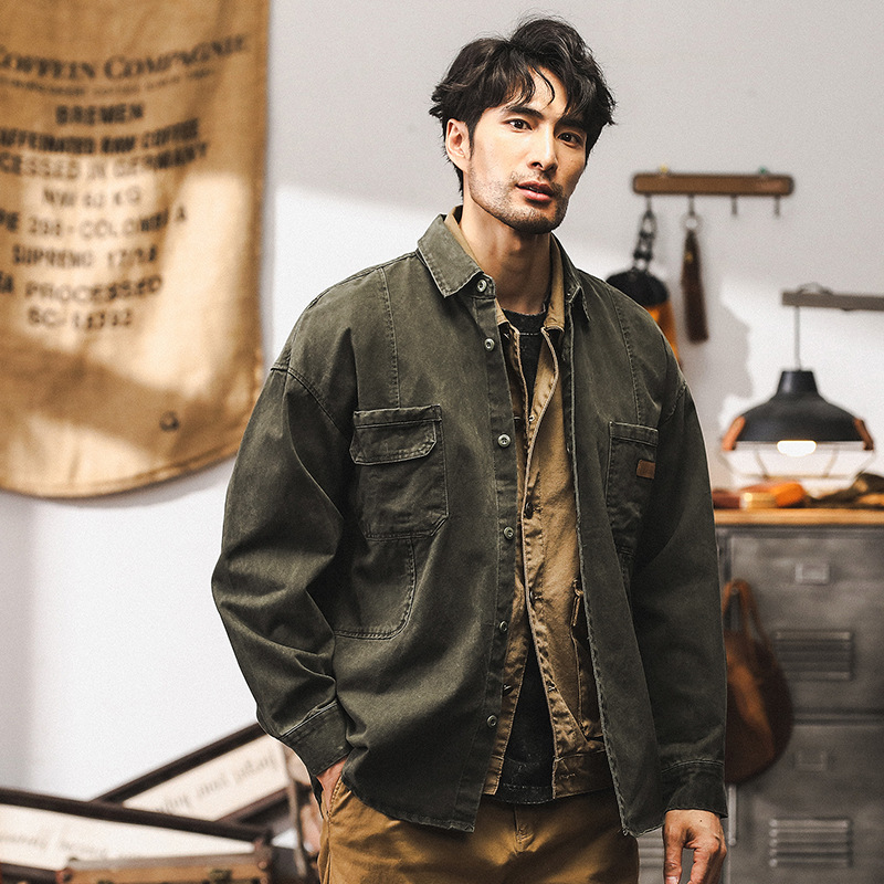 美式復古軍綠色工裝外套男春秋2024新款獵裝夾克男秋季長袖襯衫男