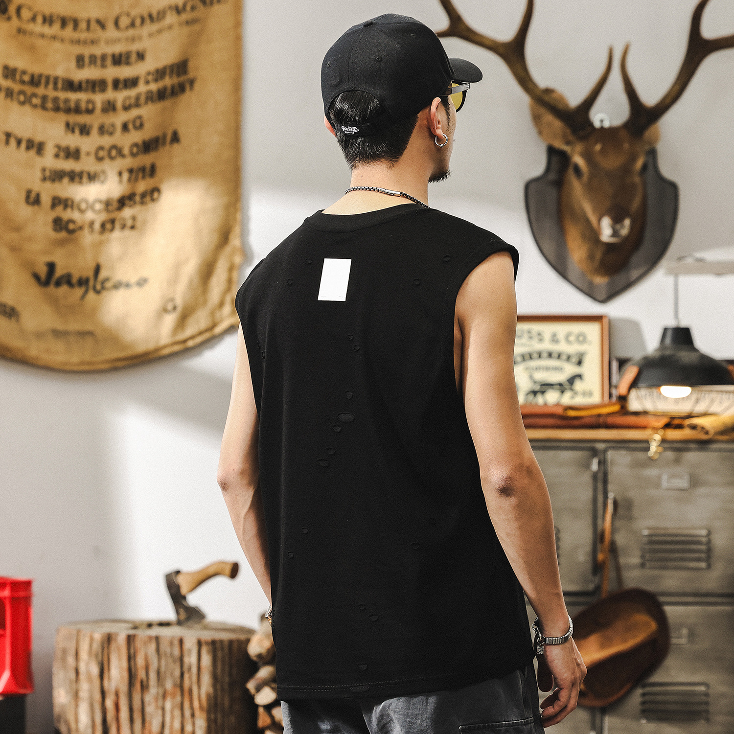 美式復古破洞肌理感健身背心男款夏季運動坎肩馬甲潮牌寬鬆T恤男