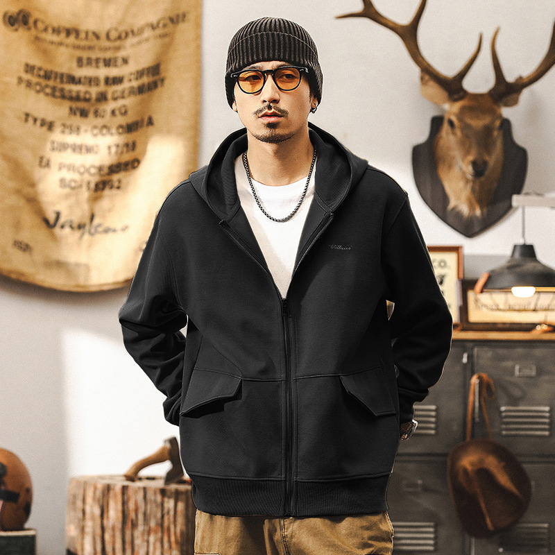 美式復古重磅開衫連帽衛衣男秋季潮牌寬鬆大碼斜紋針織秋冬外套男