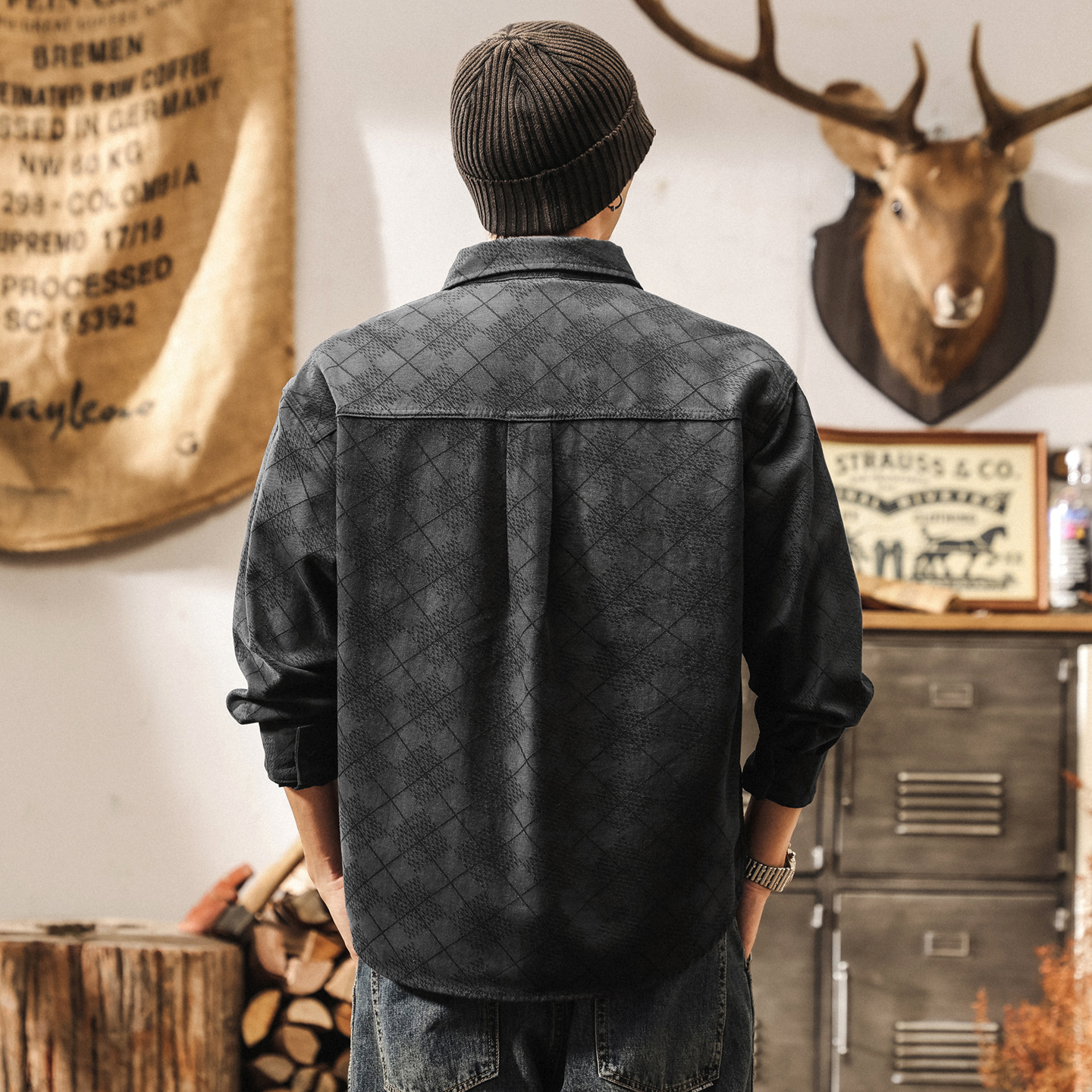 高級感竹纖維萊賽爾格紋襯衫男長袖秋季新款美式復古寬鬆襯衣外套