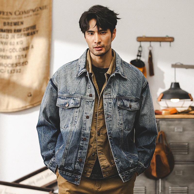 美式重磅漸變牛仔外套男春秋款潮流複古紮花寬松休閑男士工裝夾克