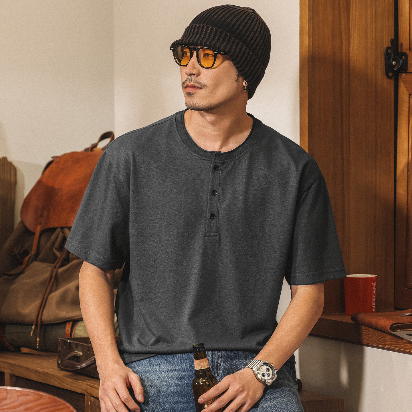 美式復古亨利領亞麻短袖男款T恤夏季2026新款潮牌寬鬆男士Polo衫