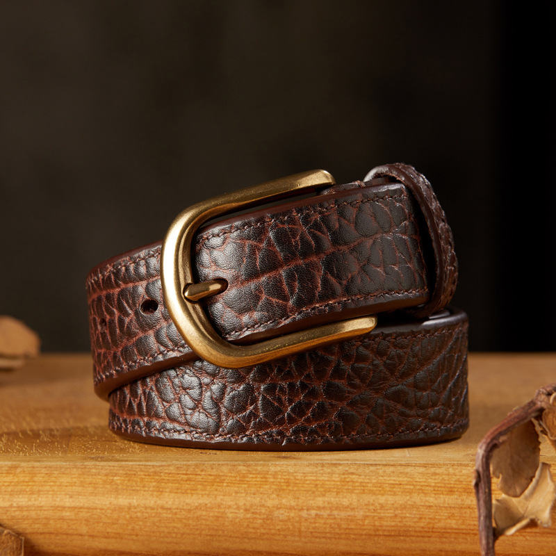 手工真皮男士野牛皮純銅扣皮帶商務休閒頭層牛皮高檔針扣腰帶潮流