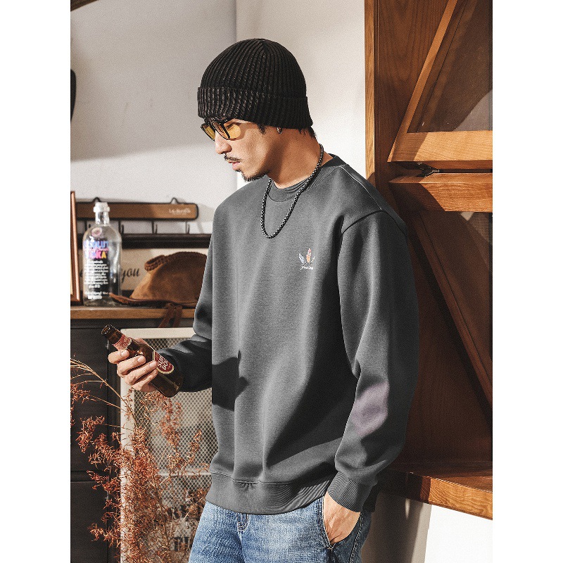 美式復古360g重磅男士秋季衛衣2025新款潮流印花寬鬆長袖圓領上衣