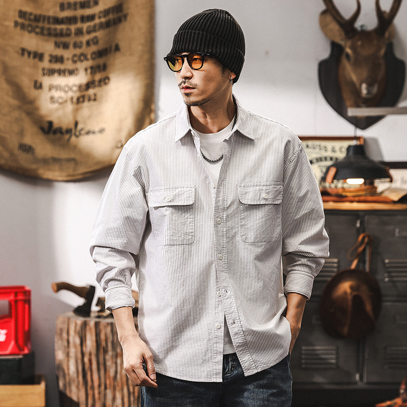 美式復古經典條紋襯衫男長袖2025新款春季日系牛津紡長袖襯衣