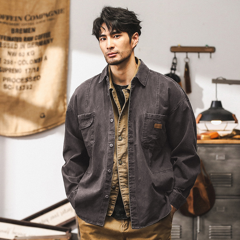 美式復古卡其色工裝襯衫男長袖秋季寬鬆水洗硬漢獵裝夾克男款外套