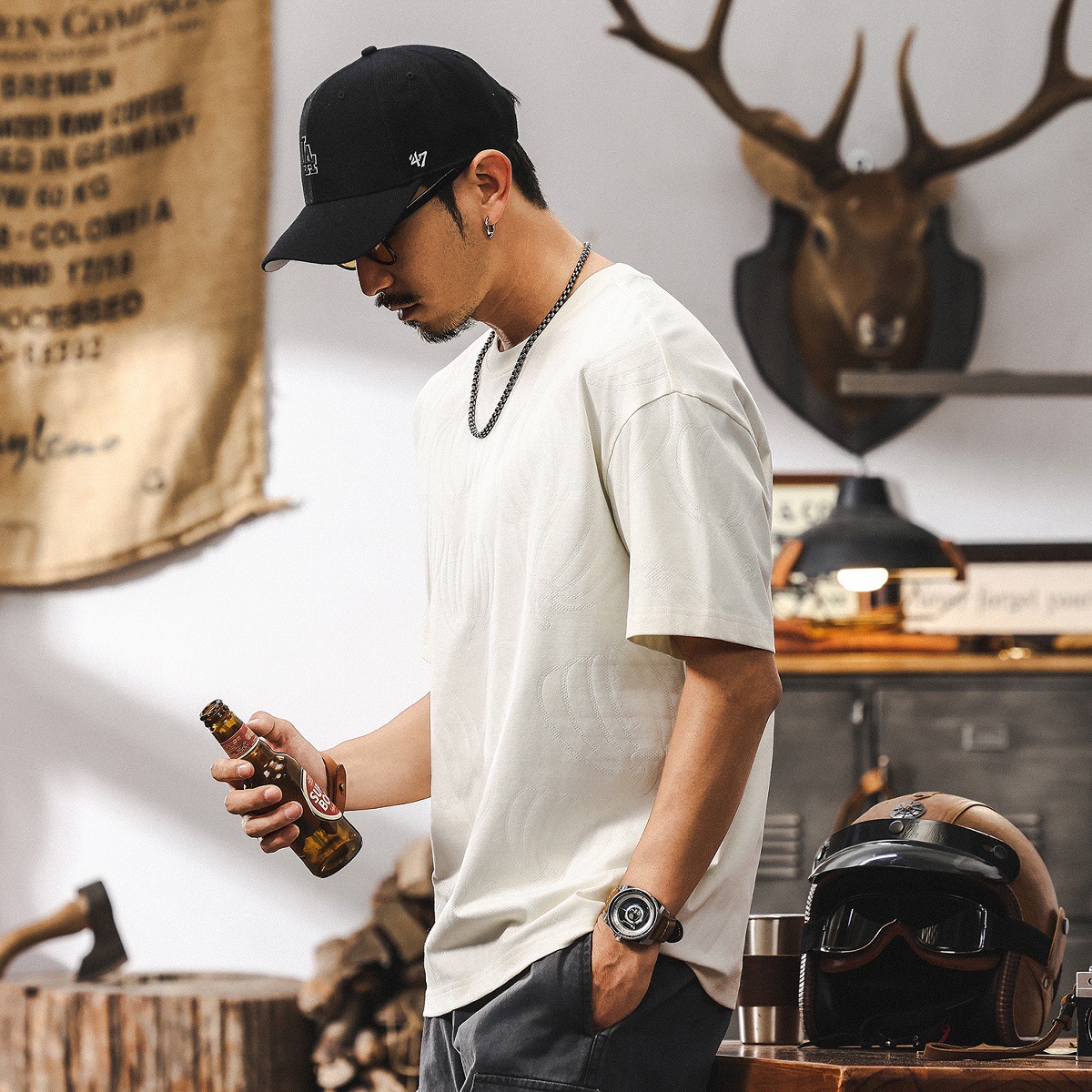 美式復古短袖T恤男夏季2025新款潮流高級感南瓜滿印男士休閒上衣