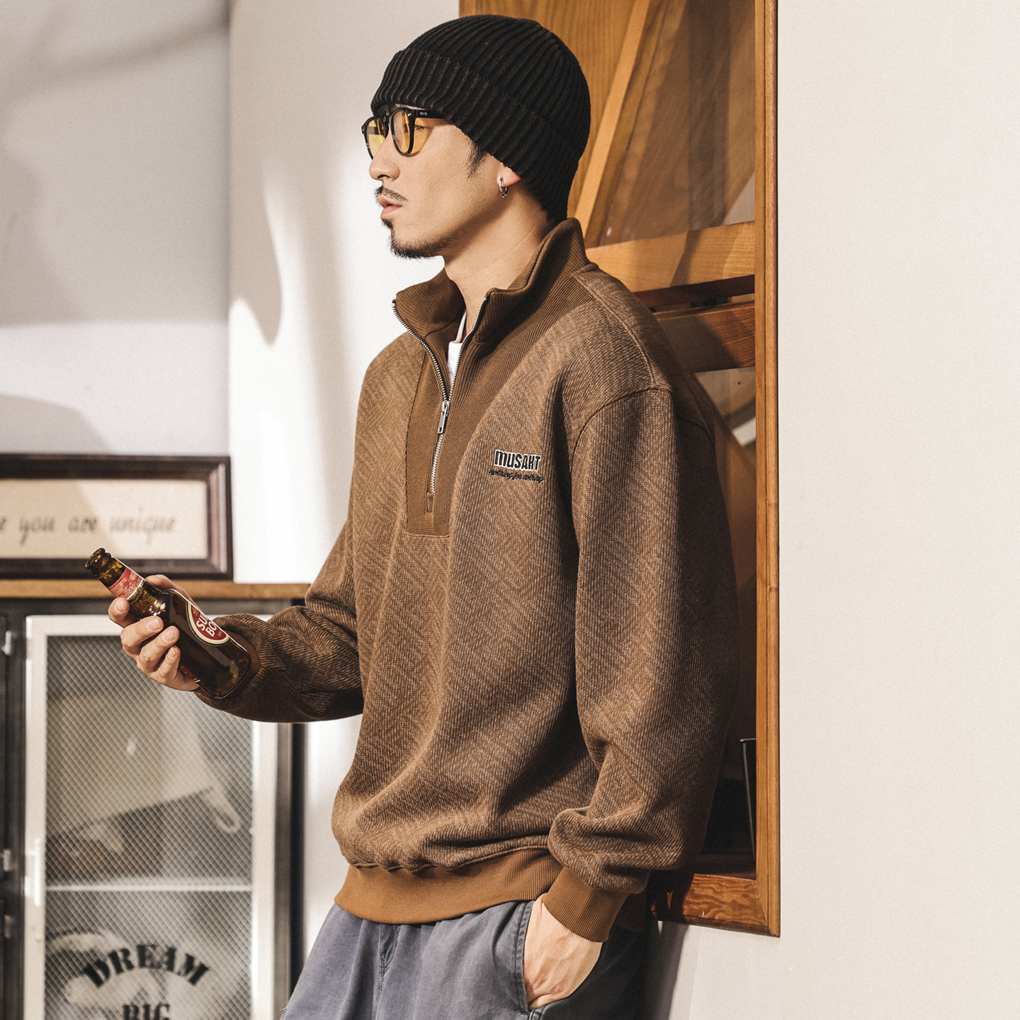 美式復古半拉鍊衛衣男春秋寬鬆400g重磅潮牌外套男秋冬新款上衣男