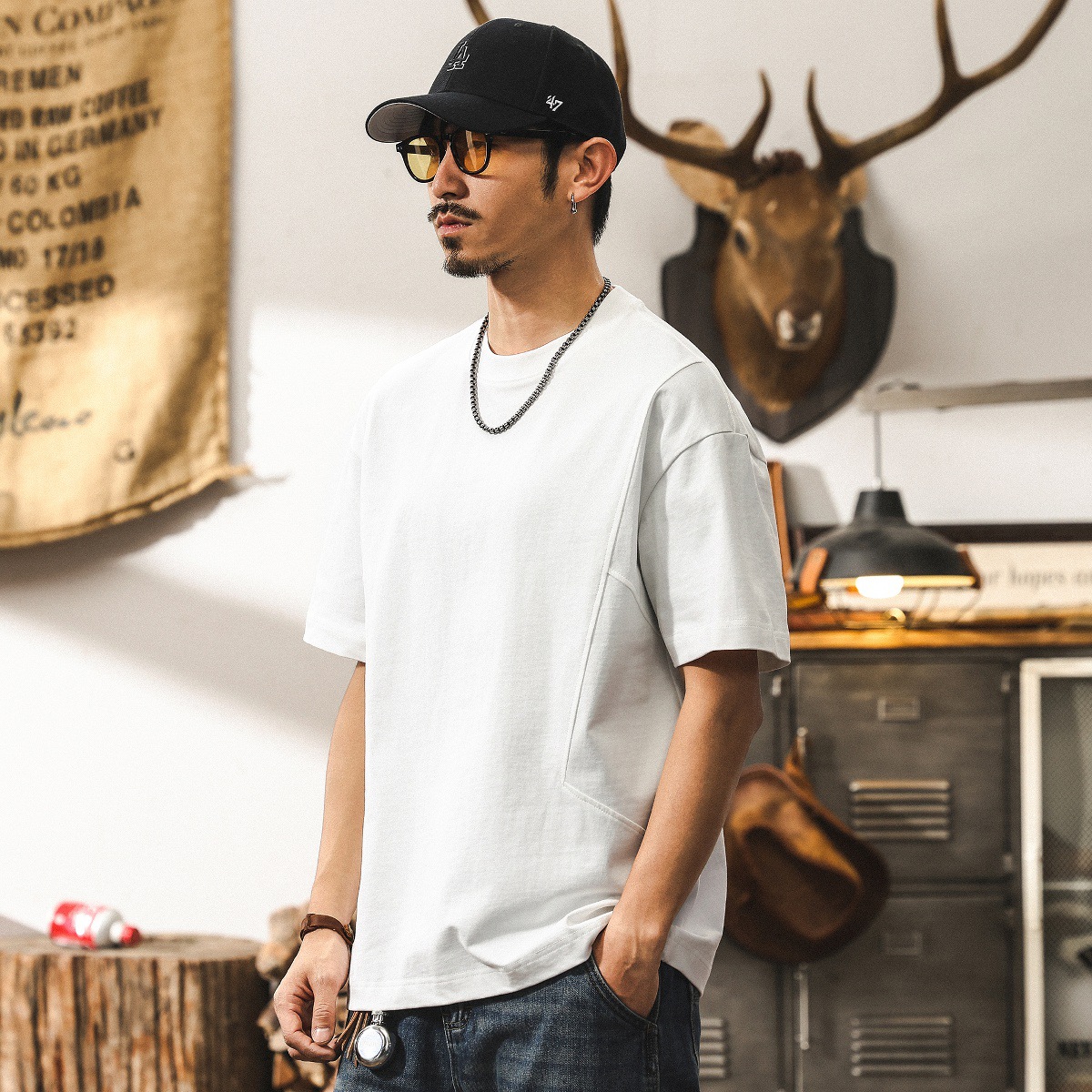 美式復古T恤短袖男款夏季280g重磅潮牌拼接寬鬆大碼上衣男裝