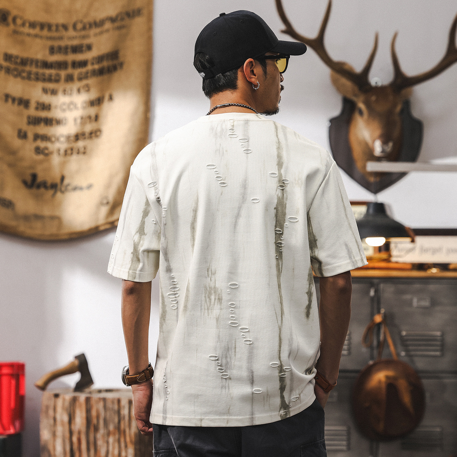 輕奢高級感夢幻雲染提花T恤男夏季短袖2025新款潮牌寬鬆美式上衣