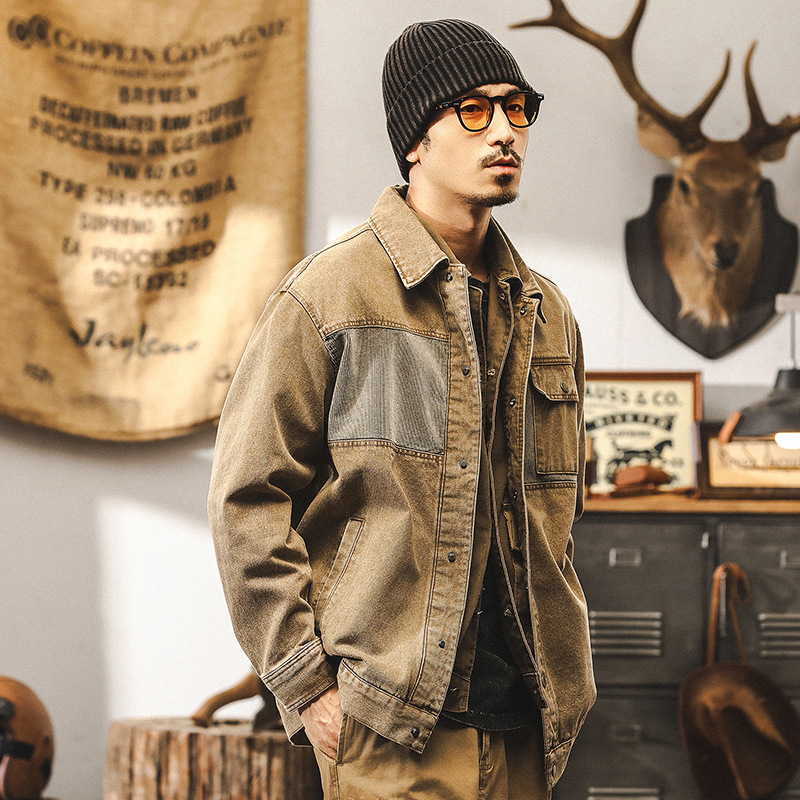 美式復古牛仔外套男春秋新款做舊重水洗寬鬆潮牌阿美咔嘰工裝夾克