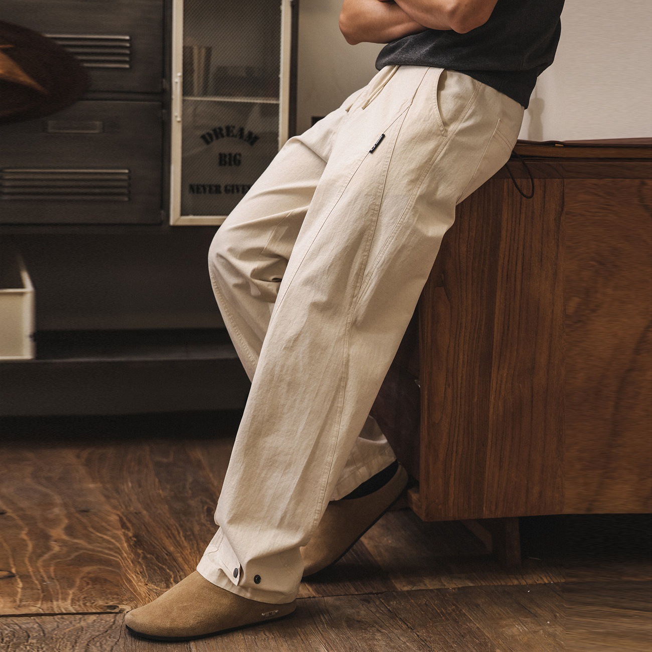 美式復古老錢風亞麻褲子男夏季薄款透氣寬鬆慵懶鬆弛感休閒長褲男