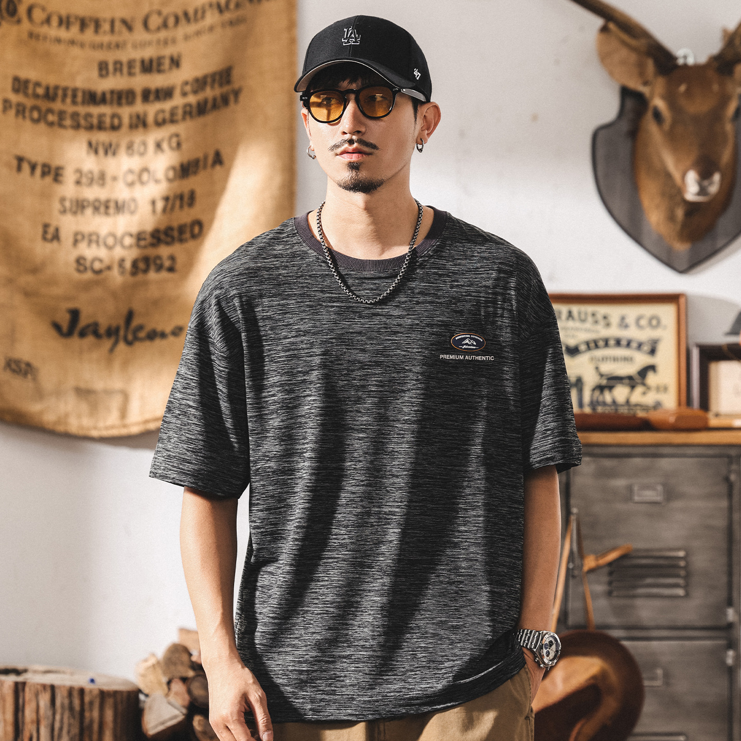 美式山系涼感冰絲T恤男生短袖夏季薄款2025新款寬鬆大碼潮牌上衣