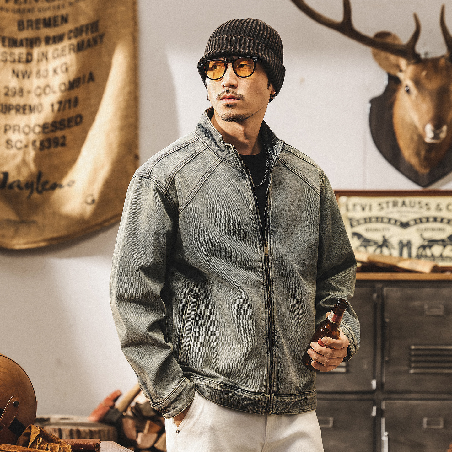 美式復古牛仔外套男秋季2025新款潮牌寬鬆帥氣重工機車夾克男秋冬