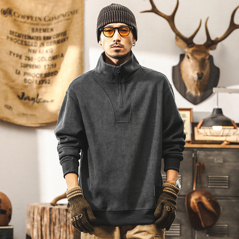 美式復古雪尼爾360g重磅半高領衛衣男冬季加厚條絨寬鬆大碼外套男