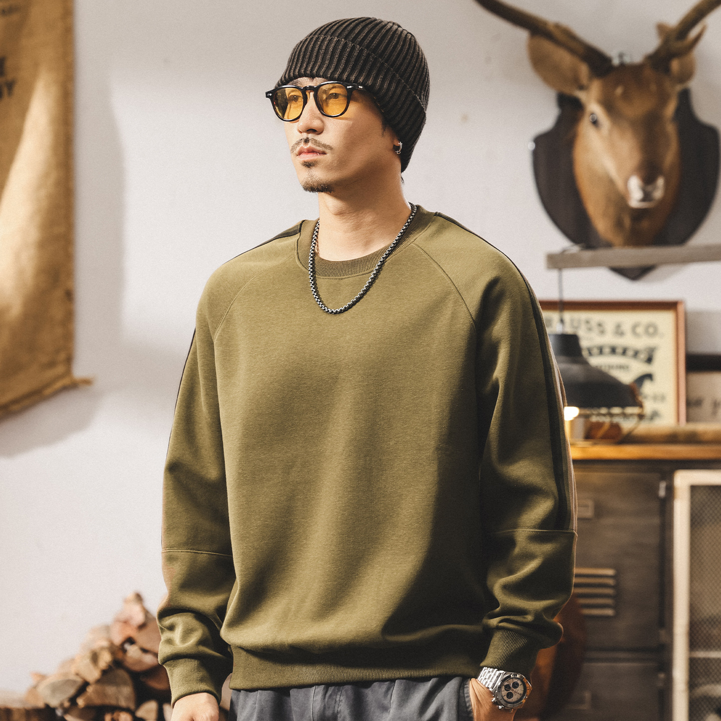 美式復古橄欖綠重磅衛衣男春秋2025新款潮流男士t恤長袖寬鬆上衣