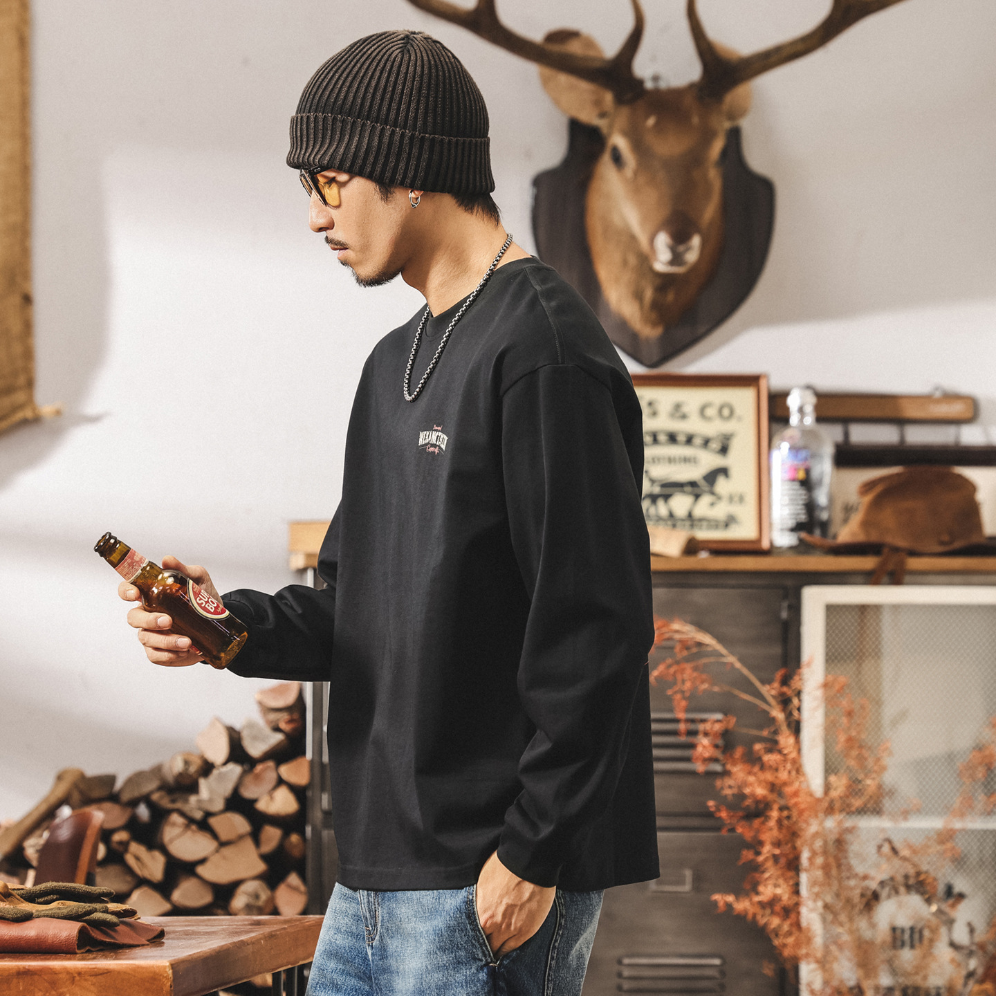 美式山系戶外長袖t恤男2025新款潮流300g重磅寬鬆大碼秋季上衣男T