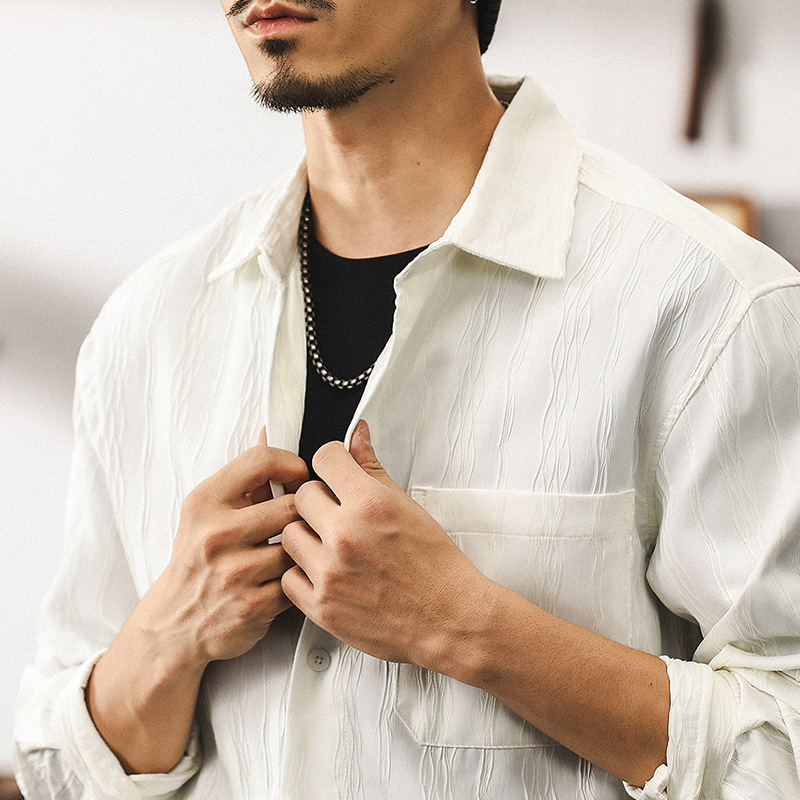 美式高級感休閒襯衫男士長袖秋季2024新款寬鬆潮流白色襯衣外套男